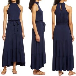 LOVEAPPELLA NWT Navy Blue Tiered Halter Maxi Dresss